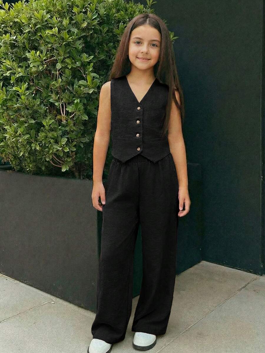 Firerie Kids Firerie Kids Tween Girl Nova Glow 青少年女孩休閒可愛街頭時尚通勤上學風 梭織黑色寬腿褲 返校季夏季款 - 黑色 - 查看 1