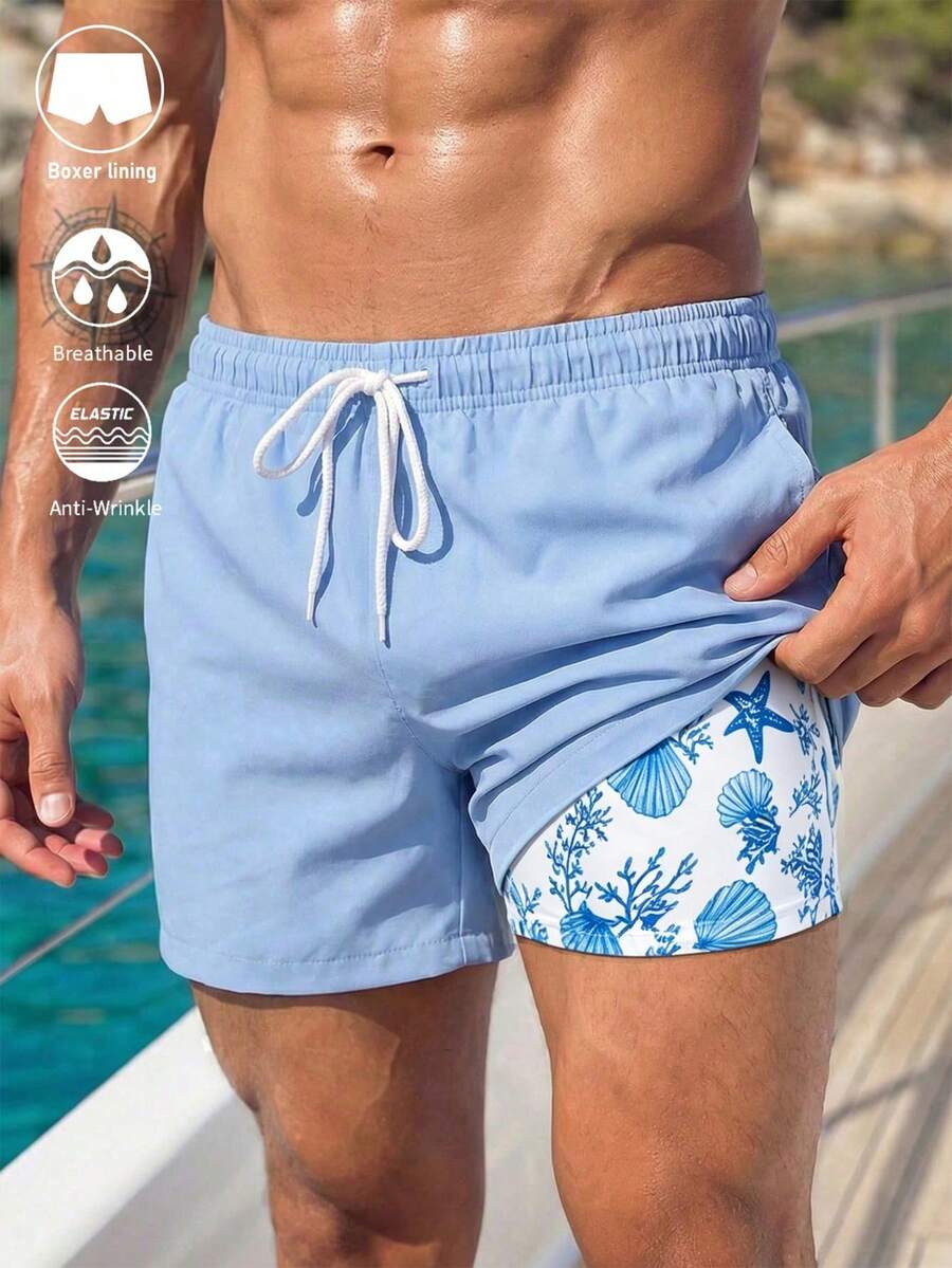 Horizaway 男士海洋印花內裡雙層沙灘短褲 - 淺藍色 - 查看 1