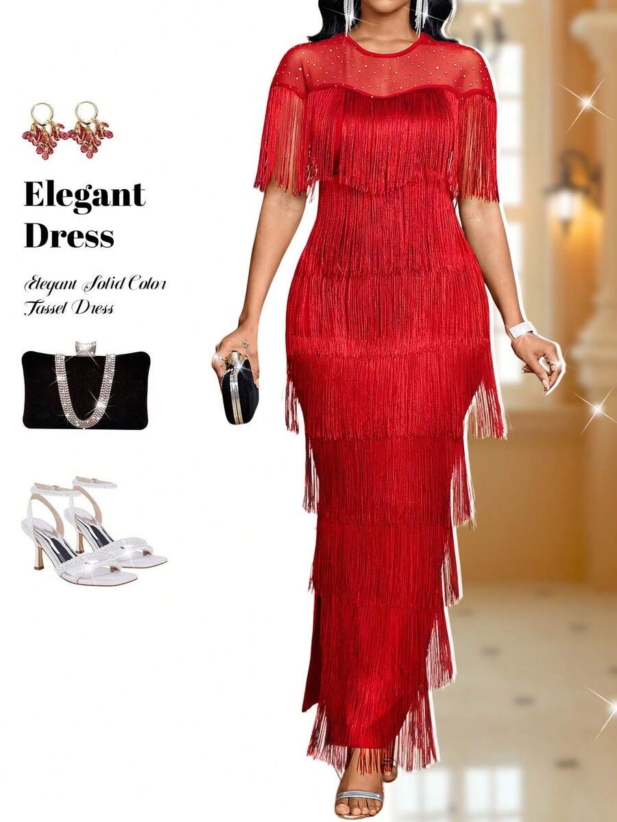 Fleurora Women's Rhinestone Mesh Patchwork Crew Neck Layered Tassel Design Fitted Dress, Elegant ,Summer Dress,Spring Dresses For Women - Red - View 1