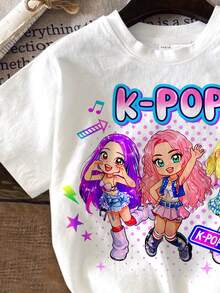 Kleine Mädchen Lässig Minimalistisch, K-Pop Superstars, Cartoon Mädchen Gruppe Druckmuster, Cremeweiß Kurzarm T-Shirt und Shorts 2-teiliges Set geeignet für den Sommer - Verschiedenfarbig - Übersicht 6