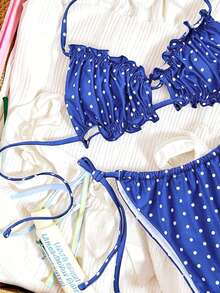 Swim SXY 女款夏季海灘波點掛脖綁帶性感比基尼三角褲兩件式泳衣套裝 - 彩色 - 查看 4