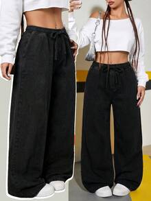 SHEIN 青少年女孩黑色牛仔布抓絨內裡寬鬆長褲，秋冬款 - 黑色 - 查看 9
