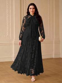 ZEYLAH Plus Size Elegant Romantic Bow Tie Loose A-Line Long Dress With Ribbon, Spring/Summer - Black - View 3