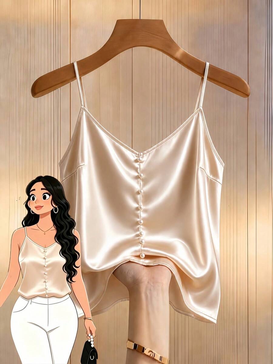 GlowEve CURVE Plus Size Satin Camisole Top For Women V-Neck Button-Down Spaghetti Strap Sleeveless Chiffon Silky Texture Elegant Sexy Tank Top Party Cocktail Summer - Apricot - View 1