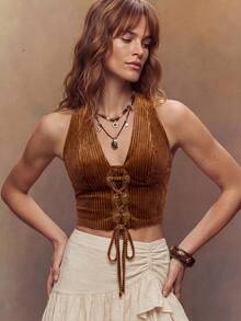 Fembélia Women's Criss-Cross Strappy Backless Halter Top - Burnt Orange - View 5
