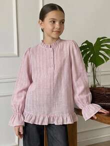 DAZY Round Neck Long Sleeve Striped Loose Casual Shirt With Ruffle Design For Tween Girls Fall - Pink - View 4