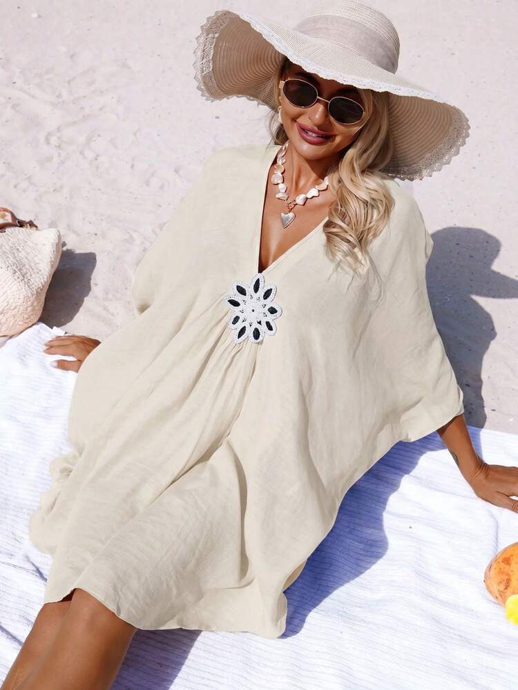 Swim Vcay Beach Holiday Spring/Summer Swimwear Solid Color Cover-Up V-Neck Floral Embroidery Loose Fit - Apricot - View 3