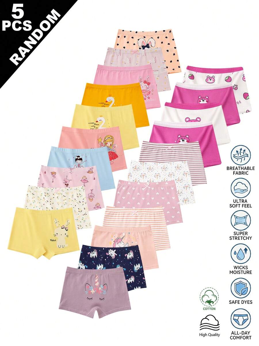 Paquete de 5 bragas con estampados de caballos, conejos y elefantes de dibujos animados para niñas, surtido de colores - Multicolor - Ver 1