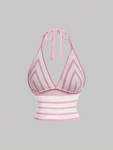 SHEIN MOD 女款條紋露背掛脖針織上衣 - 彩色 - 查看 4