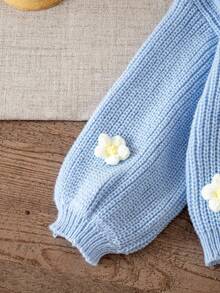 SHEIN 女童純色針織泡泡袖V領休閒開襟衫 - 藍色 - 查看 9