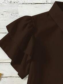 EMERY ROSE Plus Size Women's Solid Color Ruffle Short Sleeve Single Breasted Casual Shirt - Brown - View 4