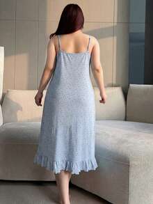 Dazy Plus 小碎花細肩帶荷葉邊優雅中長版居家服可愛大尺碼女款春夏粉色睡裙睡衣 - 藍色 - 查看 2