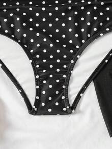 SHEIN 少女黑白波点侧边蝴蝶结装饰休闲连体泳衣，带罩裙，度假海滩风连体泳衣，黑色波点泳衣，青少年泳衣，全包覆式连体泳衣，少女海滩装扮，女孩夏季度假装扮，青少年坦克背心式泳衣 - 黑色 - 查看 4