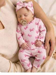Conjunto de pijama para recién nacido con patrón de dibujos animados lindo, cuello redondo con volantes, manga corta, tejido de punto y ajuste cómodo - Rosa Pálido - Ver 6