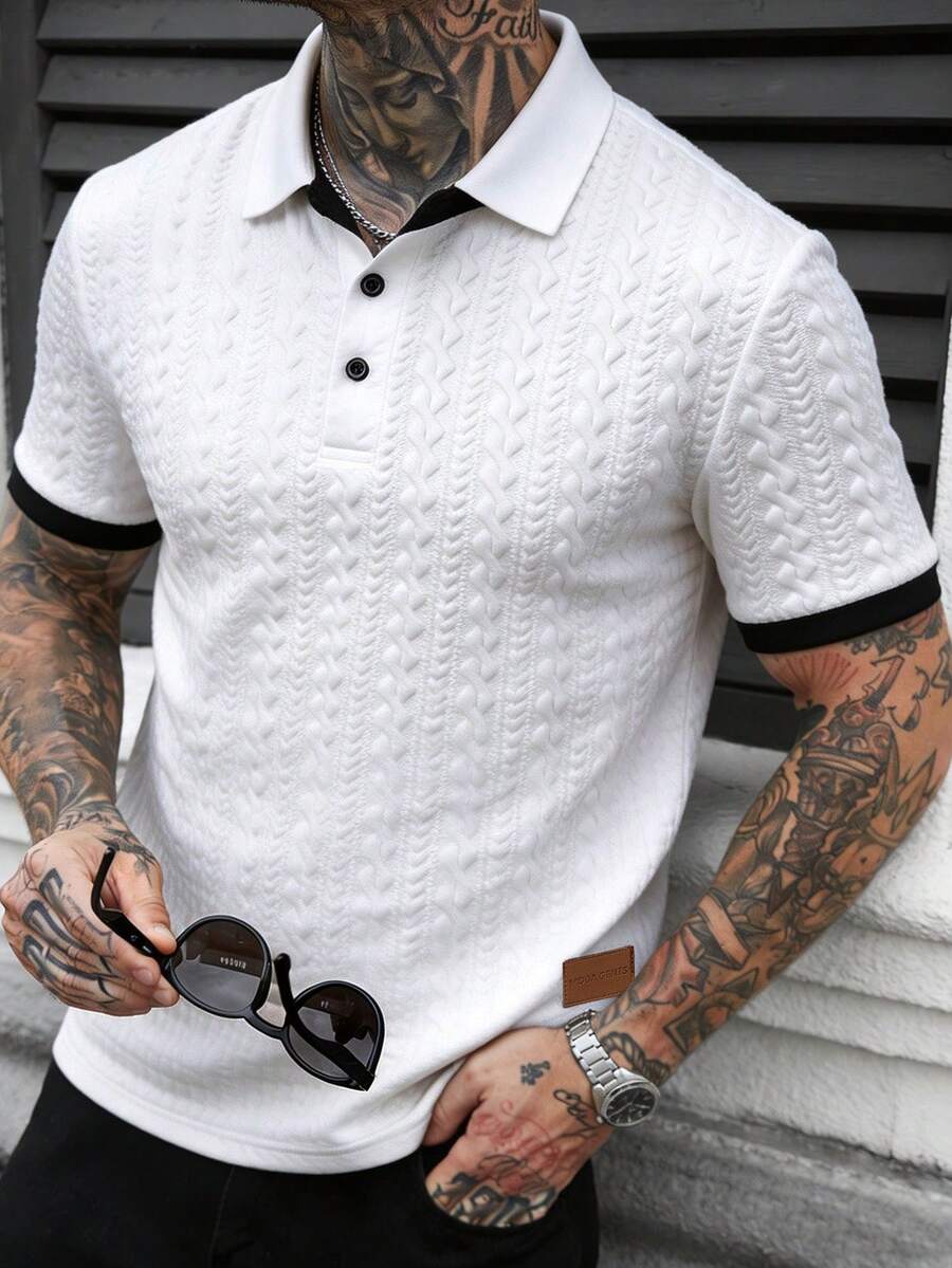 Manfinity Homme Camisa polo de punto jacquard con textura, cuello y puños acanalados en blanco, con 3 botones negros, formal para hombre - Blanco - Ver 1