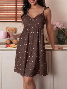SHEIN Women's Sweet Heart Print Flutter Sleeve A-Line Cami Nightgown - Chocolate Brown - View 3