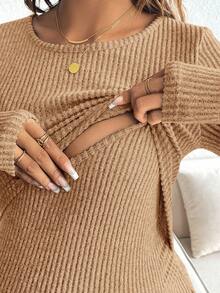 SHEIN 孕婦純色圓領長袖哺乳上衣 - 咖啡棕 - 查看 5