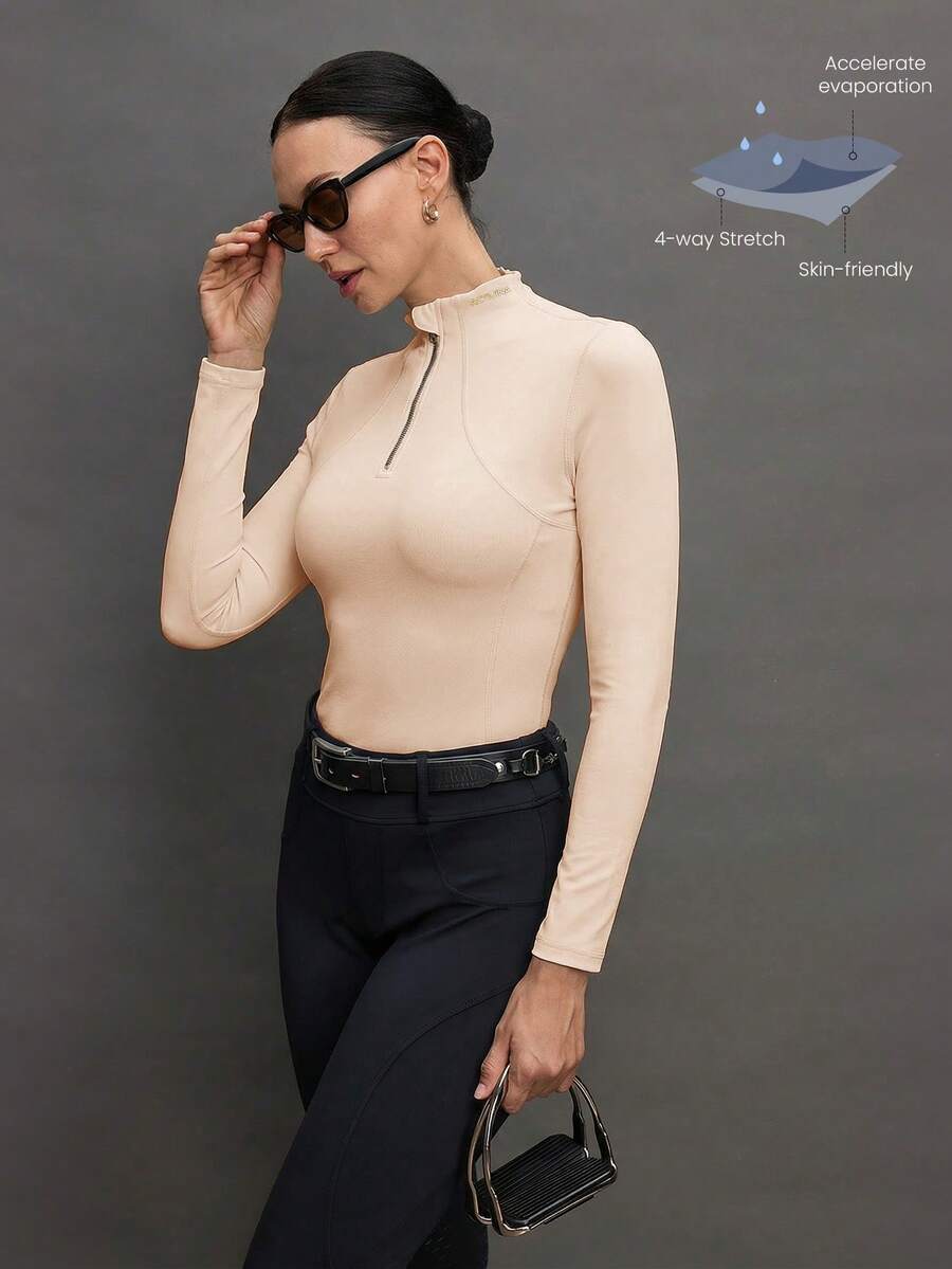 Activina 女士纯色修身半拉链立领长袖马术上衣 - 杏色 - 查看 1