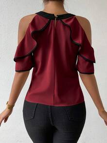 SHEIN Women's Bow Decor Patchwork Ruffle Off-Shoulder Fashion Blouse - Burgundy - View 2