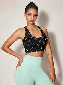 Dewbera Dewbera Women's Polka Dot Print Back Cutout Daily Fitness Sports Bra - Black and White - View 4