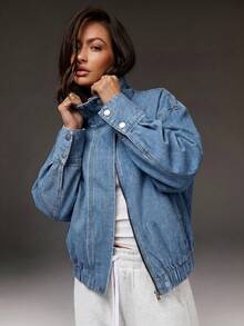 Athîral Denim Women's Long Sleeve Zipper Front Casual Denim Jacket - Medium Wash - View 1