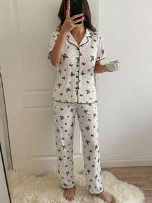 DAZY 女款夏季優雅蝴蝶印花上衣與寬腿睡褲套裝 - 黑與白 - 查看 5