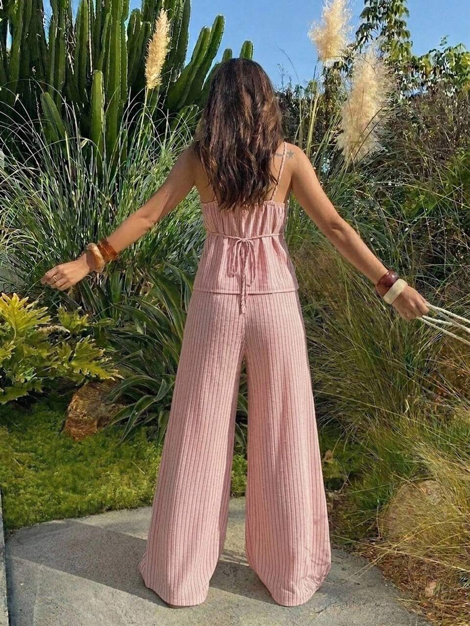 2pcs Striped Slim Fit Camisole Top & Wide Leg Long Pajama Pants Set, Summer Women's Sleepwear Outfit