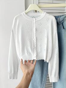 SHEIN Tween女孩白色提花針織休閒開襟針織衫 - 白色 - 查看 8
