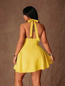 Rustia Vestido de Talla Grande con Diseño Sexy y Elegante, Escote Profundo en V, Cuello Halter con Lazo y Cintura Ceñida - Amarillo - Ver 2