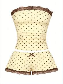 INAWLY Solva Set 2 Potong Model Bandeau Motif Polkadot Kuning & Cokelat dengan Hiasan Pita dan Renda - Kuning - View 5