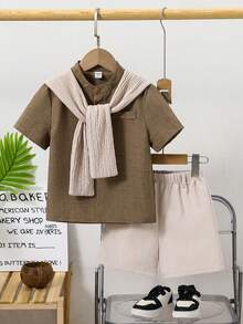 SHEIN 3pcs/Set Young Boys Spring/Summer Casual Preppy Style Short Sleeve Shirt, Polo Shirt And Shorts And Shawl Set, Multi-Piece Outfit With Belt, Suitable For Indoor, Outdoor, Daily, Sports, Play, Party, Photography, Vacation, Holiday, Wedding, Full Moon, Baptism And First Birthday Celebration, Baby Shower - Khaki - View 4