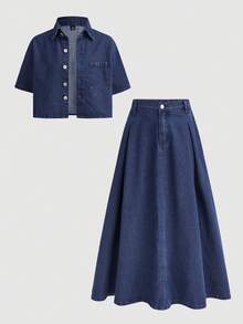SHEIN 2件組青少年女孩Y2K休閒深藍色牛仔寬鬆短袖襯衫與牛仔長裙 - 藍色 - 查看 6
