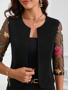 SHEIN Clasi 女款春夏優雅蕾絲拼接短版夾克，開襟設計，3/4袖，秋冬款 - 黑色 - 查看 7