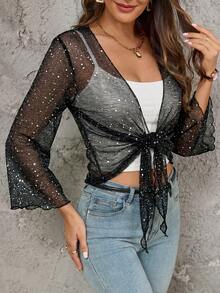 SHEIN Clasi 女款亮面百褶休閒百搭日常外出上衣 - 黑色 - 查看 4