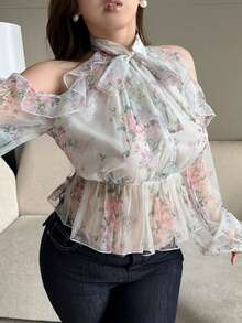 Dazy Plus Áo blouse nữ size lớn xuân/hè cổ nửa cao, hở vai, họa tiết hoa toàn thân gợi cảm ngọt ngào, gấu bèo nhún và phối patchwork - trắng - Xem 5