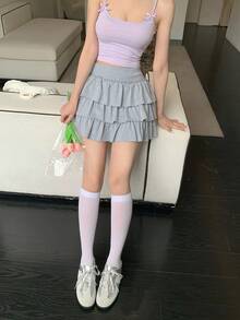 DAZY 女款純色多層荷葉邊下擺休閒百搭裙，適合小個女款度假 - 灰色 - 查看 5