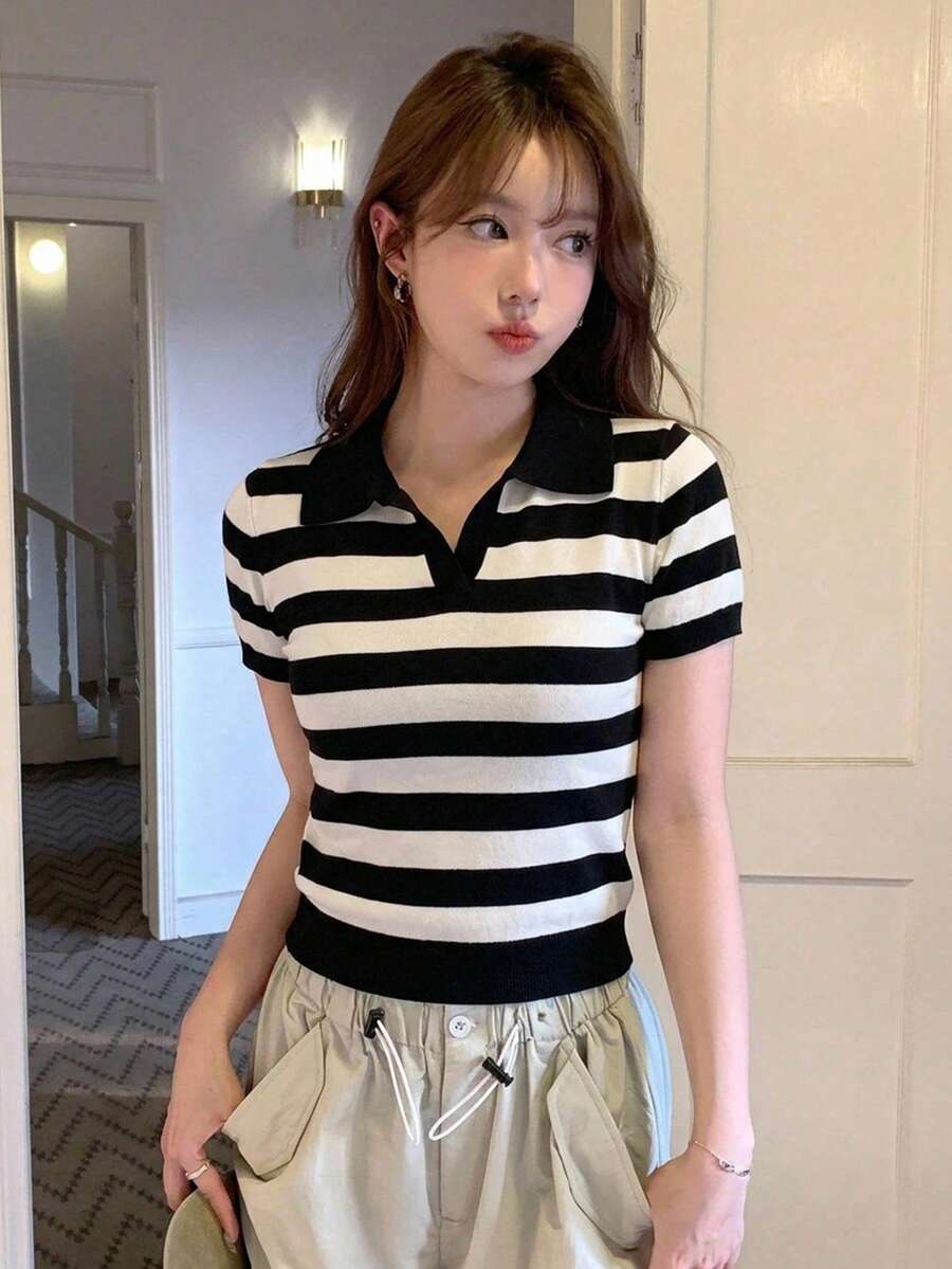 DAZY 女款條紋領口短袖休閒針織上衣 夏季 - 黑色 - 查看 1