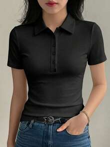 DAZY Camiseta ajustada de mujer de manga corta con cuello redondo de unicolor - Negro - Ver 3
