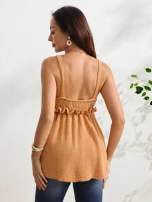 SHEIN Maternity Knit Tank Top, Fitted V-Neck With Ruffle Hem, Casual Cute Minimalist Solid Color Ribbed Camisole For Everyday Wear - Khaki - View 6