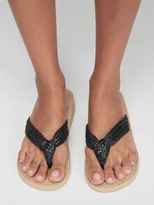 Grefit Damen Flip-Flops, strohgewebte Keilabsatz-Plateau-Pantoletten, Bohemian-Stil gewebte Lässig-Pantoletten, und bequeme Strand-Urlaubssandalen - Schwarz - Übersicht 4