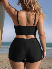 Swim SPRTY Plus Size Solid Color Beach Vacation Swimsuit Set - Black - View 2