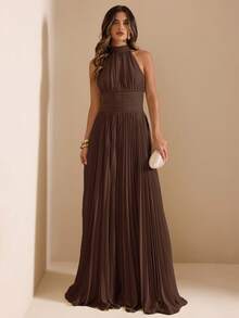 SHEIN BAE Vestido de Primavera/Verano Verde con Cuello Halter, Cintura Fruncida, Volantes y Lazo, Largo Medio, Estilo Romántico Francés para Citas & Vacaciones - Café integral - Ver 4