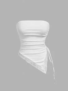SHEIN MOD 2件組女款蕾絲拼接百褶休閒百搭日常外出抹胸上衣 - 黑與白 - 查看 6