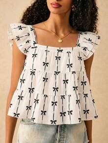 Muvela Women's Bowknot Print Ruffle Hem Cap Sleeve Blouse - Multicolor - View 5