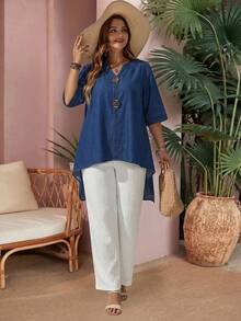 EMERY ROSE EMERY ROSE Plus Size Women's V-Neck Casual Versatile Denim Top, Notch V Neck Wooden Button Mid Sleeve High Low Asymmetric Hem Dark Denim Top, Summer, Country - Blue - View 4