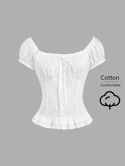 Sweetra Áo blouse nữ size lớn phong cách French Pure Desire màu trắng, cổ vuông, tay phồng, eo chiết, thắt nơ trước, cài nút, gấu bèo, dáng ôm ngắn, phong cách tối giản ngọt ngào, áo trắng đa năng dễ phối đồ cho hẹn hò, mặc hằng ngày, du lịch và đi chơi