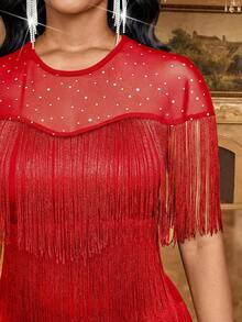 Fleurora Women's Rhinestone Mesh Patchwork Crew Neck Layered Tassel Design Fitted Dress, Elegant ,Summer Dress,Spring Dresses For Women - Red - View 5