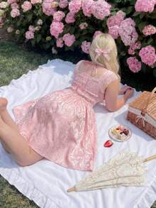 Lyrianda Plus Size Women's Romantic Sweet Cute Petal Sleeve Bow Tie Mini Dress - Pink - View 3