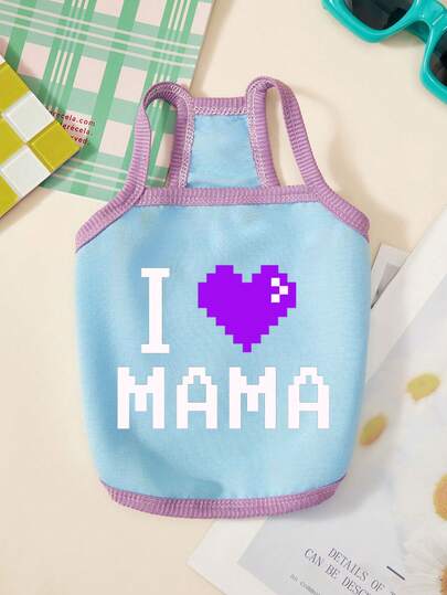 PETSIN 1 chiếc áo tank top cho thú cưng in chữ I Love Mom và họa tiết trái tim, mềm mại, thoải mái, thoáng khí, màu xanh dương viền tím, phong cách thường ngày, chống dính lông