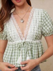 WESTFADE Gingham Plaid & Floral Lace V Neck Tassel Tie Front Short Puff Sleeve Ruffle Babydoll Top, School, Western, Female Country Look, Cowgirl, Rodeo - Green - View 2